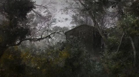 Dark horror abandon witch hut cottage environment in haunted forest Stock Illustration