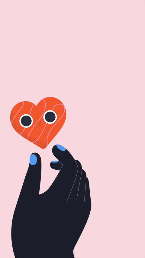 A dark human hand holds a cartoon heart against a pink background 動画素材 336620101