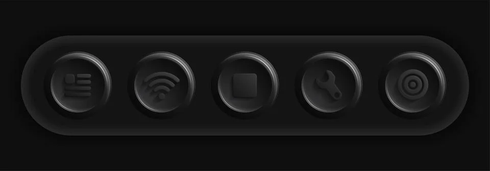 Dark Icon Set. Black Settings, Target, Documents, Wifi, Stop Buttons Illustrazione stock