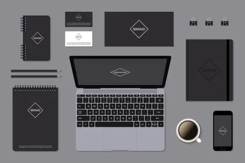 Dark identity mock-up template on gray background with laptop Stock Illustration