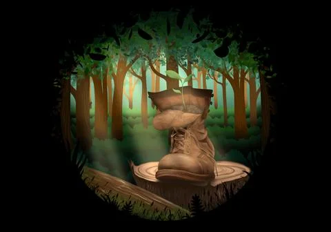Dark illustration of an old boot in the wild forest art Stock Illustration