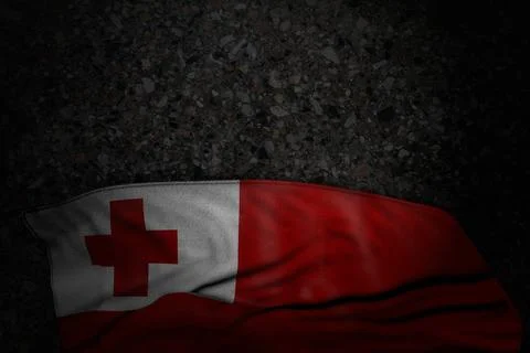 Dark illustration of Tonga flag with large folds on dark asphalt Stock Illustration