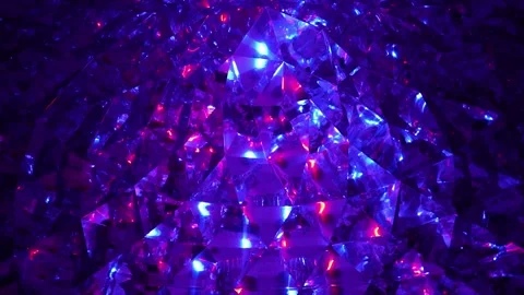 Dark immersive pavilion with glowing blue and red geometric crystals. Stock Footage 315902459