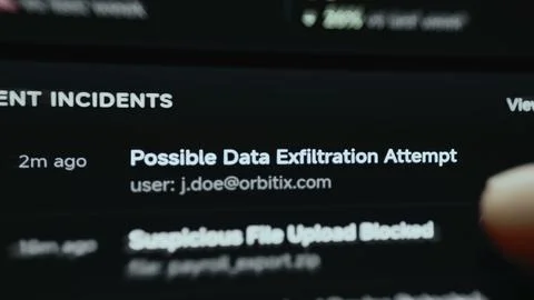 Dark incident dashboard lists a possible data exfiltration attempt Stock Photos