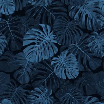 Dark indigo vector pattern with monstera palm leaves on dark background Illustrazione stock