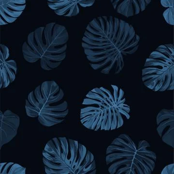 Dark indigo vector pattern with monstera palm leaves on dark background Illustrazione stock