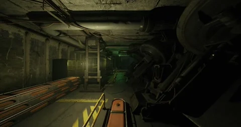 Dark industrial environment, Engine room with cables and valves Stock Footage 333560182