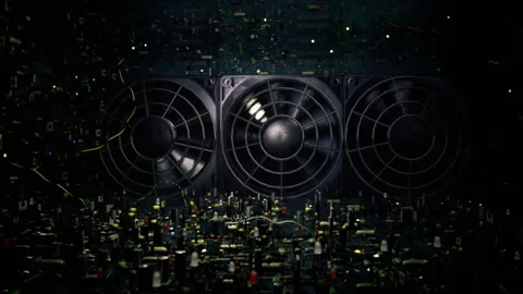 Dark industrial setting with active cooling fans and thermal monitoring Stock Footage 340659907