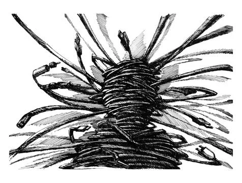 Dark ink sketch background of tangled electronic cables forming a body shape Stock Illustration