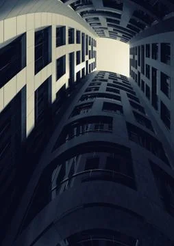 Dark inner courtyard of tall bent tower. 3d Stock Illustration