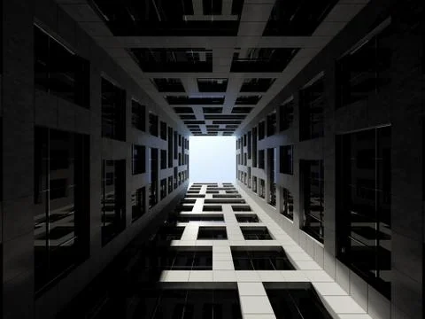 Dark inner courtyard of tall office tower. 3 d Stock Illustration