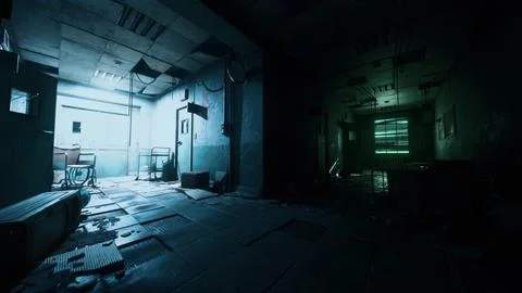 Dark inside an abandoned decaying mental hospital Stock Illustration