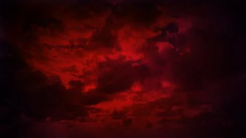 A dark, intense cloudscape with deep red hues dominating the sky, creating .. Stock Illustration