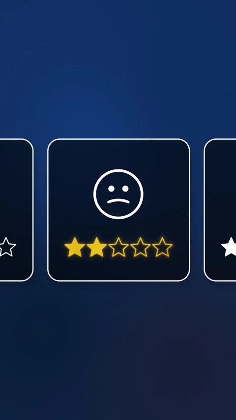 Dark interface animation of unhappy 2-star score selection, yellow stars glow 스톡 동영상 327720386