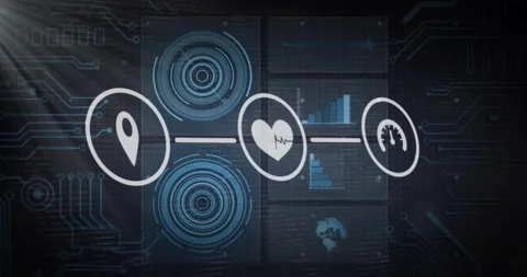 Dark interface appearing triggers pin moving center heart linking pin and power Stock Footage 317123769