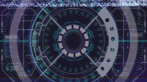 Dark interface emerging initiating rotating rings pulsing nodes and glitch Stock Footage 309873154