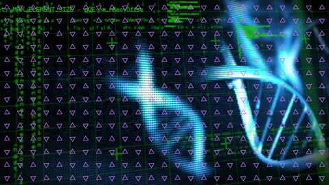 Dark interface launching glowing DNA helix over code grid, rotating clockwise Stock Footage 328252161