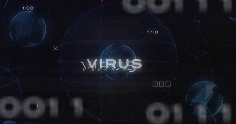 Dark interface launching virus displaying VIRUS, glitching text flashing Stock Footage 318194349