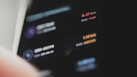 Dark interface lists 0.27 km as High risk, 1.13 km as Medium risk Stock Footage 343378994