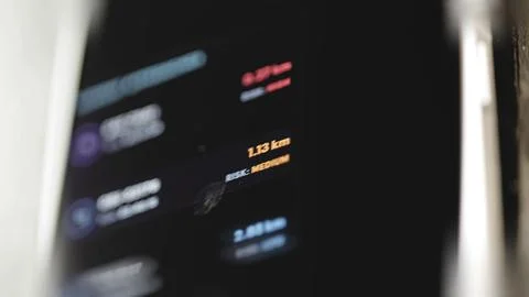 Dark interface lists 0.27 km as High risk, 1.13 km as Medium risk Stock Photos
