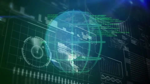 Dark interface opening wireframe sphere emerging, rotating, charts, gauge, map Stock Footage 312408415