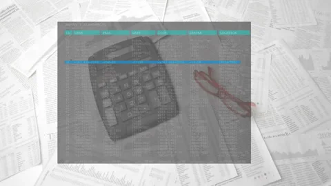 Dark interface overlay fading over calculator, glasses, documents, highlighting Stock Footage 315543089