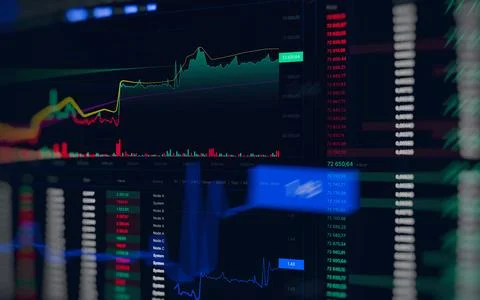 Dark interface showing real time financial analytics with candlestick chart.. Stock Photos