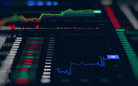 Dark interface showing real time financial analytics with candlestick chart.. Stock Photos