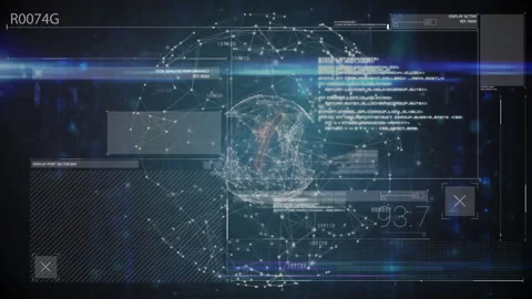 Dark interface starting globe rotating while nodes lighting numeric readouts Stock Footage 311679126
