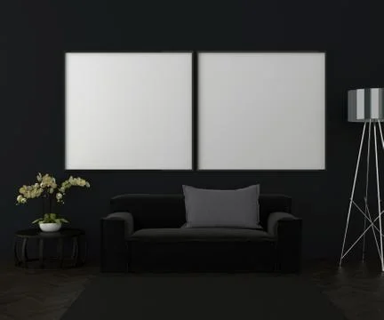 Dark interior background, blank picture frame mock Stock Illustration