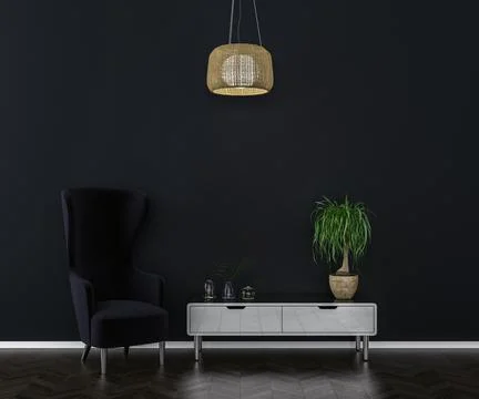Dark interior background, blank picture frame mock Ilustración de archivo