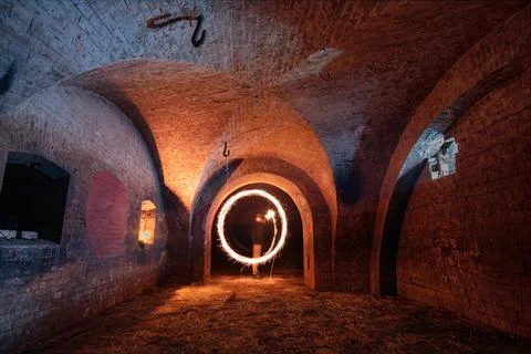 Dark interior of the old abandoned empty underground casemate flank of the Ky Stock Photos