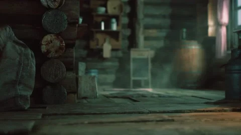 Dark interior of retro log house Stock Footage 165583822