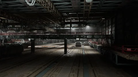 Dark interior of vast hangar with scattered crates and ominous mood 動画素材 327859199