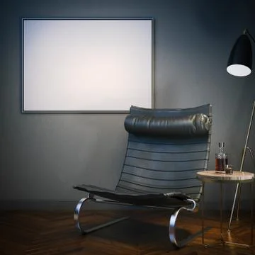 Dark interior white blank picture frame. 3d rendering Stock Illustration