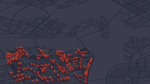 Dark isometric map background with 3D red building blocks highlighting specific Stock Illustration