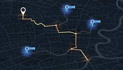 Dark isometric map navigation showing delivery routes and time estimation Stock Illustration