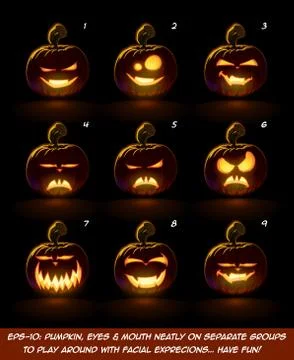 Dark Jack O Lantern Cartoon - 9 Vampire Expressions Set Stock Illustration