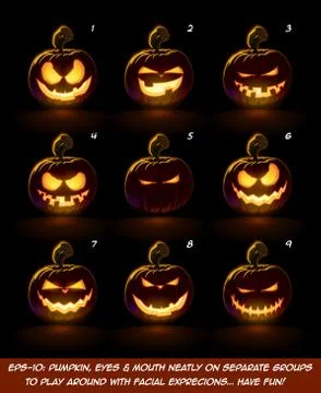 Dark Jack O Lantern Cartoon - 9 Mean n Naughty Expressions Set Stock Illustration