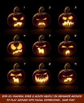Dark Jack O Lantern Cartoon - 9 Angry Expressions Set Stock Illustration