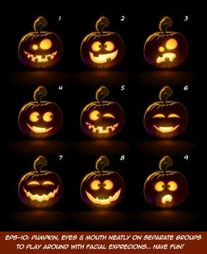 Dark Jack O Lantern Cartoon - 9 Angry Expressions Stock Illustration