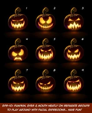 Dark Jack O Lantern Cartoon - 9 Angry Expressions  Stock Illustration
