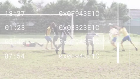 Dark-kit dribbling to goal sparking ball scrum HUD overlaying soccer play yellow Stockbeeldmateriaal 333300940