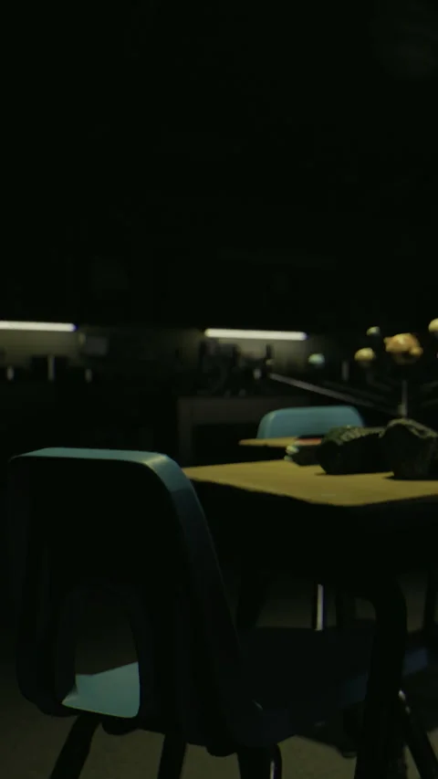 Dark kitchen scene with chair and table in quiet setting at night Stock Footage 334174404