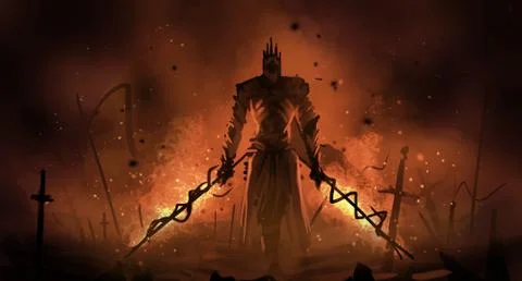 A dark knight with two twisted fire swords walks across a flaming battlefield Foto stock
