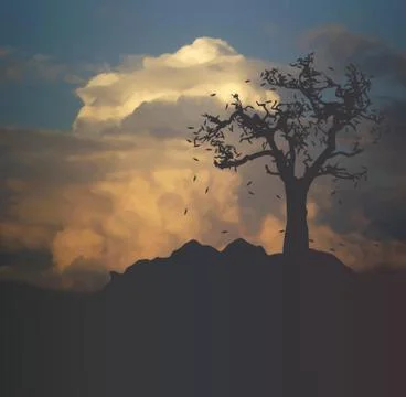 Dark landscape with tree silhouette Illustrazione stock