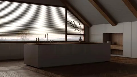 Dark late evening scene, attic interior design, minimal wooden kitchen with.. Stock Illustration