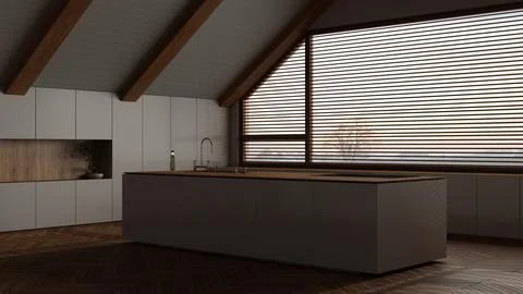 Dark late evening scene, attic interior design, minimal wooden kitchen with.. Stock Illustration