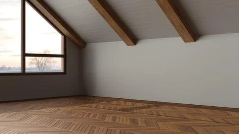 Dark late evening scene, empty room interior design, open space with parque.. Stock Illustration