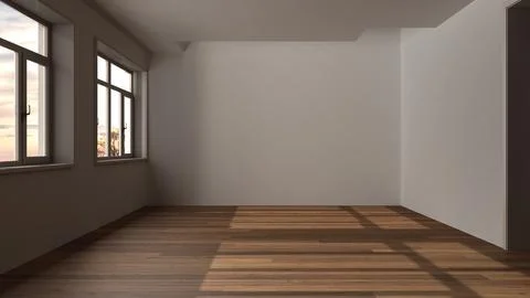 Dark late evening scene, empty room interior design, open space with parque.. Stock Illustration